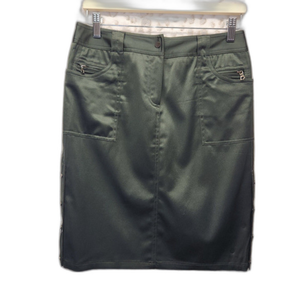 Ellie Tahari Olive Green Stretch Satin Mini Moto Skirt w/side Snaps Size 4 - Picture 1 of 12
